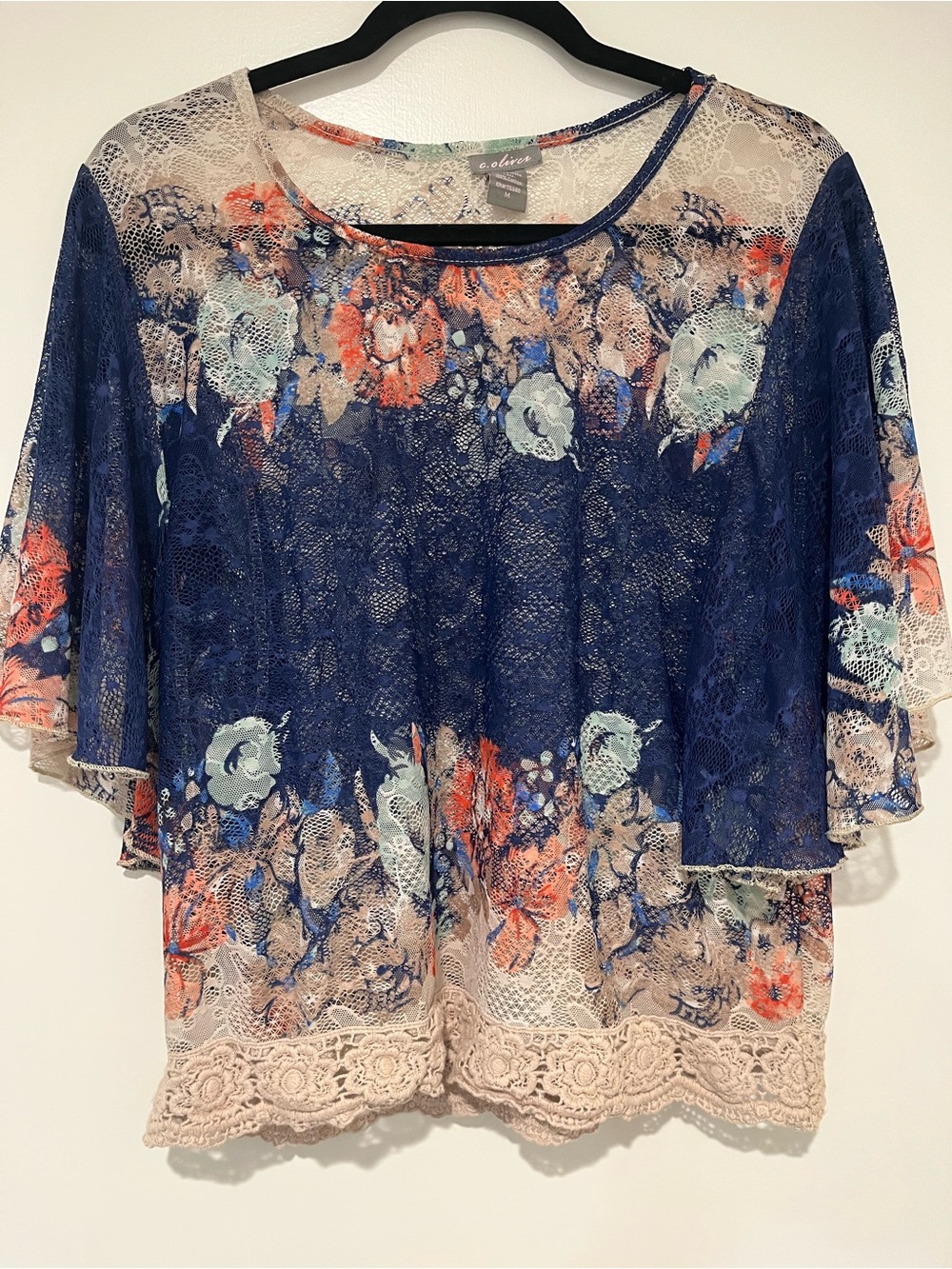 Cotton Crochet Hem Lace Floral Blouse - Navy and Beige